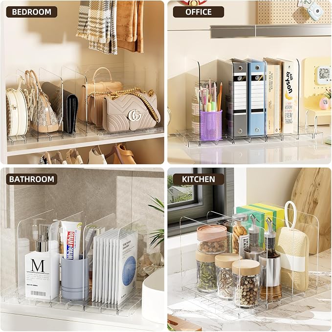 JOYZAN Stackable Purse Organizer for Closet, Adjustable Shelf Dividers for Closet Organizer Clear Acrylic Closet Purse Organizer Detachable Handbag Storage Separator Dividers for Home, Office - 4 Pack