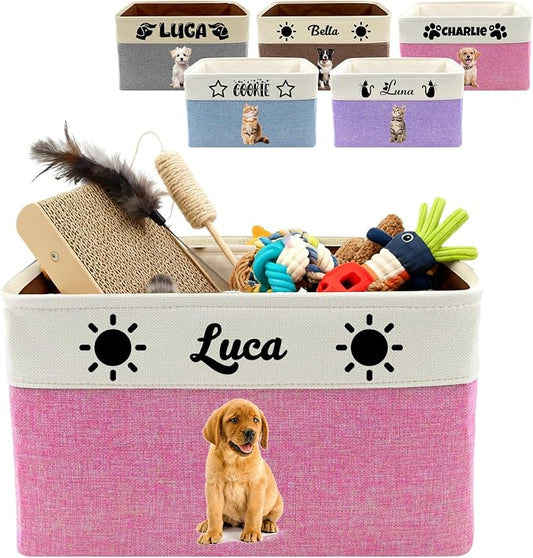 Customized Pet Toy Storage Basket - Personalized Dog & Cat Toy Organizer with Name, Foldable & Durable Fabric Bin for Pet Supplies, Organizer for Toys, Coats, Clothing, Blankets Pink