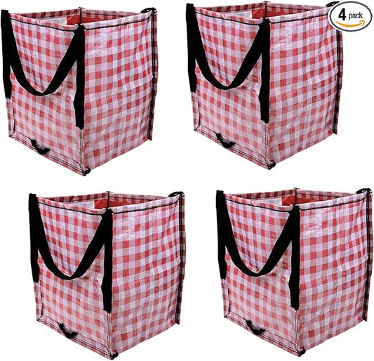 DURASACK Heavy Duty Storage Tote Bag 22-Gallon Rugged Woven Polypropylene Moving Bag, Reusable Self-Standing Design, Holds up to 500 Pounds, Pack of 4, Gingham Red