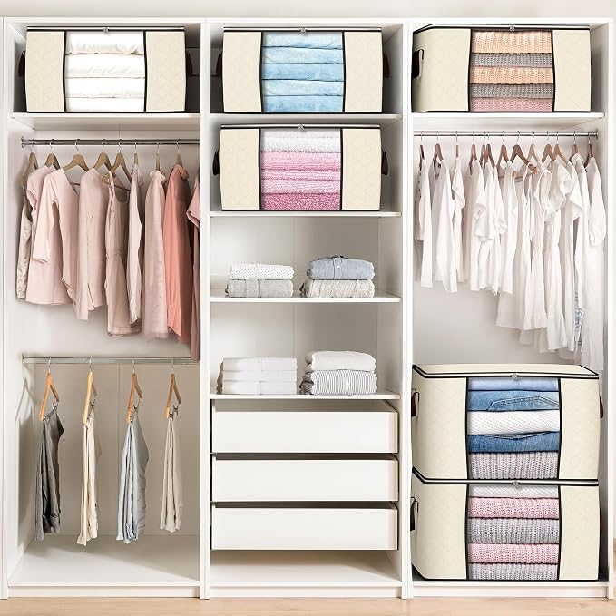 90L Large Storage Bags, 10 Pack Clothes Storage Bins Closet Organizers | Foldable Storage Containers, with Reinforced Handle, for Clothing, Blanket, Comforters, Bed Sheets, Pillows and Toys,Beige
