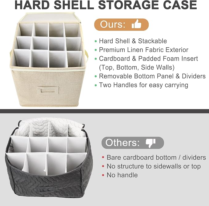 LotFancy Champagne Flute Storage Container for Moving, Hard Shell, Stackable 12" Tall Stemware Storage Box with Dividers & Handles, Wine Glass, Crystal Glassware, Drinkware Case, Beige