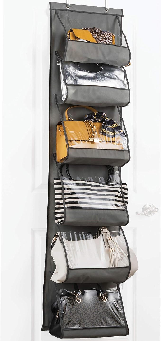 ZOBER Purse Organizer W/ 6 Pockets For Closet - Over The Door Easy Storage - Durable Metal Hooks - Purse Rack With Pockets - Gray (1 Pack)