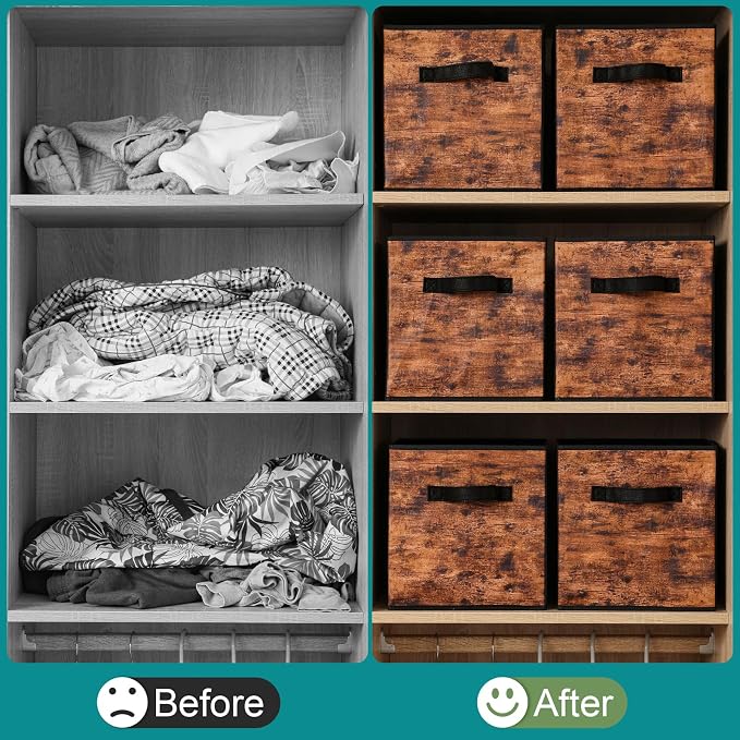 Stero Fabric Storage Cubes, 6 Pack Foldable Storage Bins with Handle, 11 Inch Box for Shelves, Closet, Organizer, Rustic Brown and Black