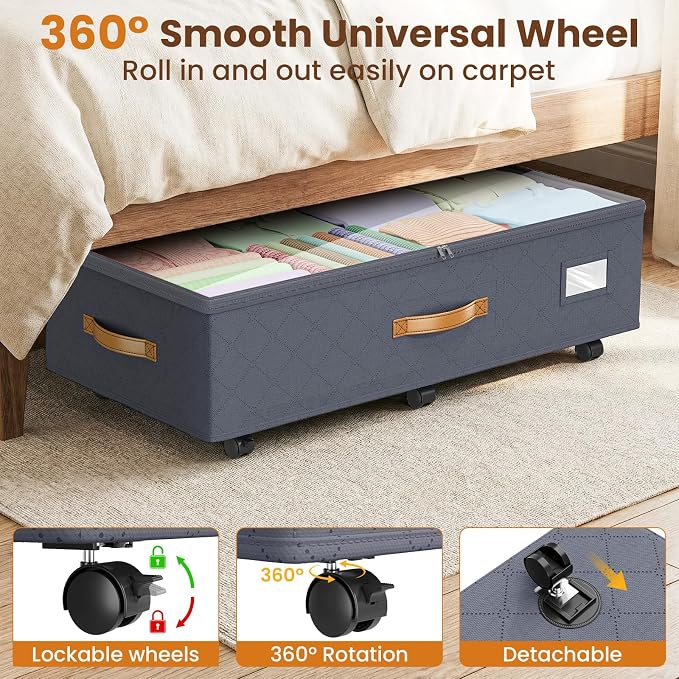Budding Joy Under Bed Storage with Wheels 2Pack, 80L- Height Adjustable Underbed Containers with Clear Lids, Rolling Under Bed Shoe Storage Organizer for Dorm Home Clothes, Blankets, Toys, Grey
