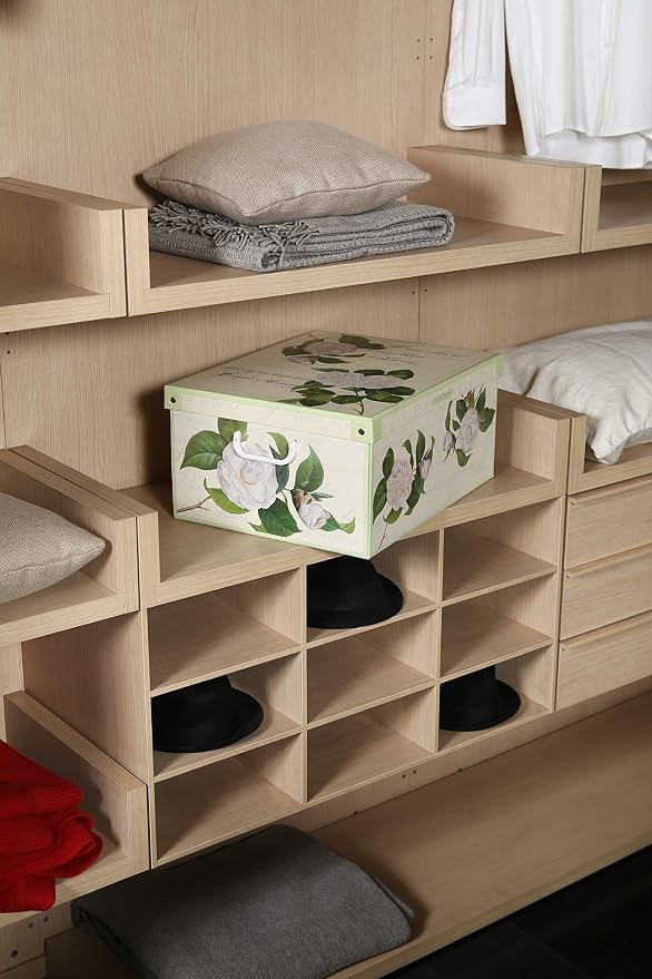 Lavatelli CAMELIE – Set of 2 Decorative Cardboard Storage Boxes with Lids & Handles, Stackable Floral Camellias Organiser Bins for Clothes, Toys & Documents – 50×39×24 cm (19.7×15.4×9.4 in)