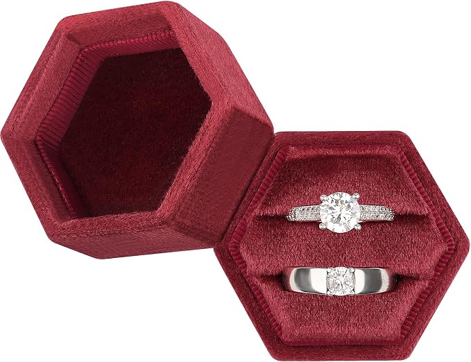DesignSter Hexagon Velvet Ring Box - Premium Gorgeous Vintage Double Ring Display Holder with Detachable Lid for Proposal, Engagement, Wedding, Ceremony(Deep red)