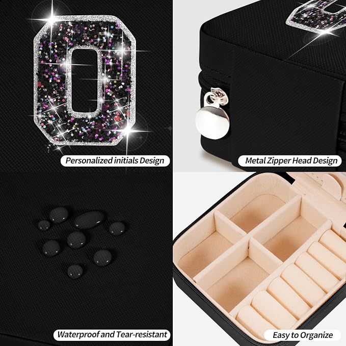 Uygafly Personalized Jewelry Case for Women Girls - Fashion Mini Jewelry Boxes - Trendy Travel Jewelry Organizer with Initials Letter - Teen Gifts | Black,O