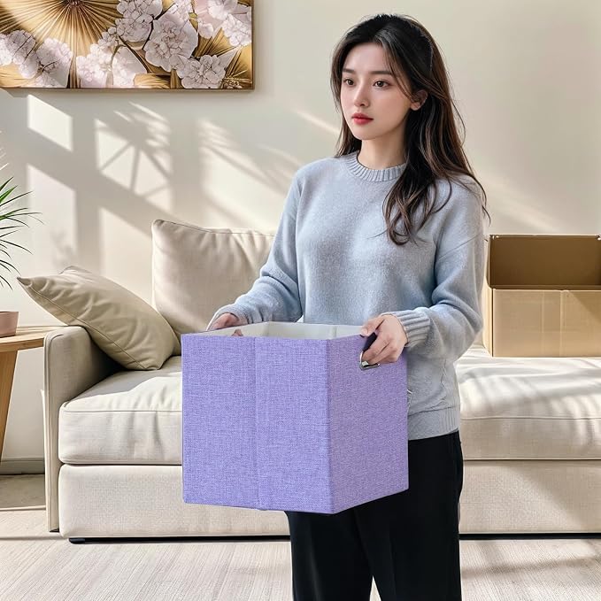 Foldable Cube Storage Bin Organizing Baskets Cubby Boxes Fabric Storage Cubes Organizer Bins with Handles for Organization Shelf Closet, 13"x13"x13", Pack of 4, Purple