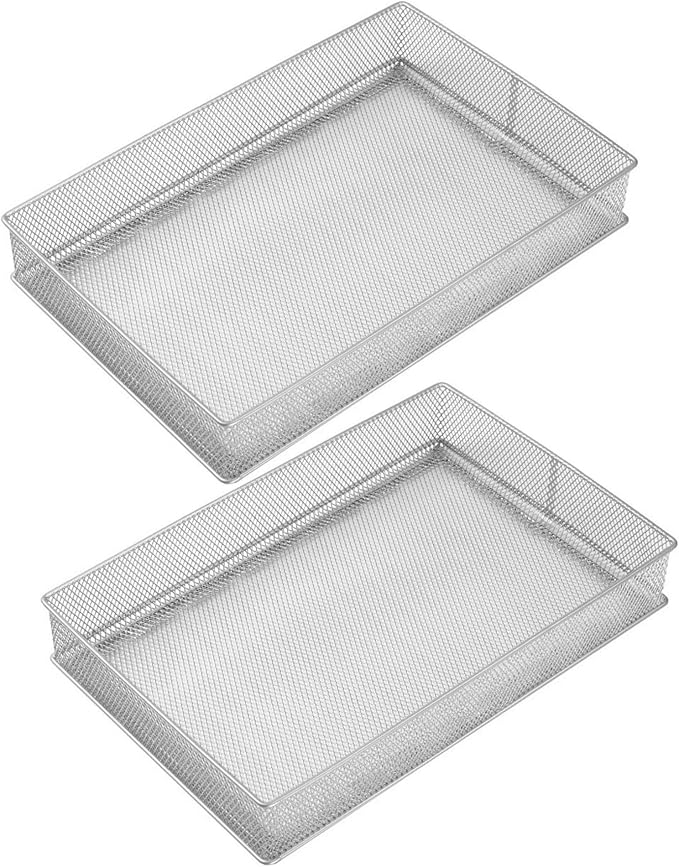 YBM Home Silver Mesh Drawer Organizer and Storage for Kitchen Drawers, Serves as School Supply Holder, Office Desktop Organizer Basket, Makeup and Craft Supplies Organization, (2 Pack, 8x12x2 Inch)