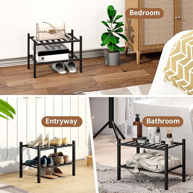 Bamboo Shoe Rack Stackable Shoe Shelf Storage Organizer for Unit Entryway Hallway and Closet Sturdy Freestanding Small Shoe Shelf(2S Tier Black)