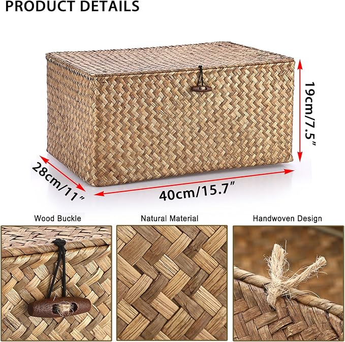 Hipiwe Wicker Shelf Baskets Bin with Lid, Handwoven Seagrass Basket Storage Bins Rectangular Household Basket Boxes for Shelf Wardrobe Home Organizer, Coffee X-Large