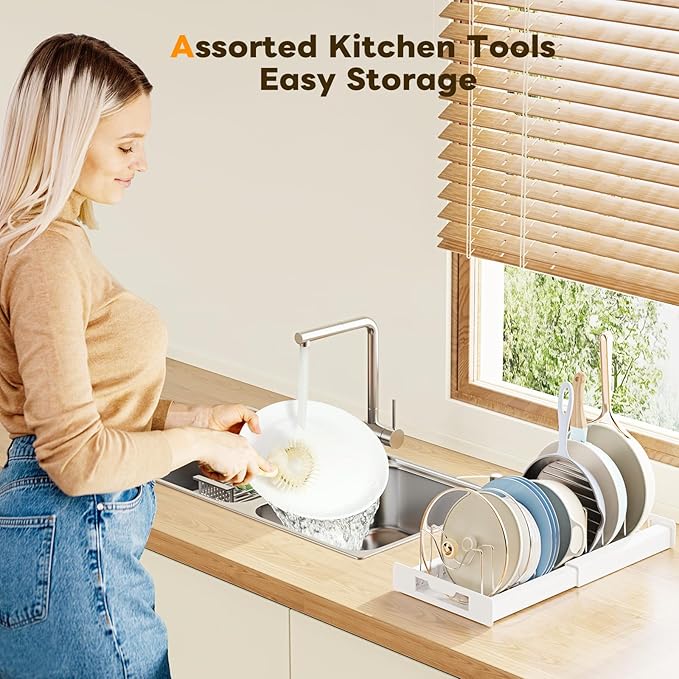Dayacoco Pots and Pans Organizer Under Cabinet with 10 Adjustable Compartments - Pot Lid Holder, Expandable Pan Organizer for Cabinet, Pot Rack for Kitchen Cabinet, Frying Rack, Lid, Cookware,1 Pcs