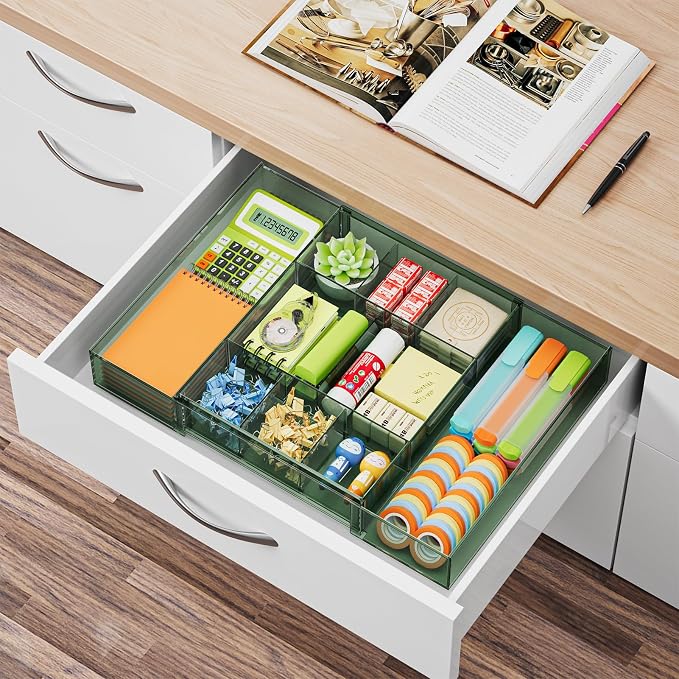 Marbrasse Expandable Desk Drawer Organizer, Clear Plastic Drawer Organizer Tray with 10 Adjustable Compartments, Desk Organizers and Accessories, 5 Drawer Dividers for Office Supplies(Clear Green)