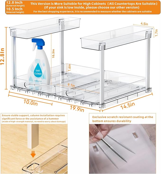 Yieach 2 Pack 14.6″ Deep Pull Out Under Sink Organizer,12.8″ High 2 Tier Slide Out Cabinet Organizer for Kitchen Cabinet,Undersink Organizers,Under Sink Shelves,Bathroom Organizers and Storage,Clear