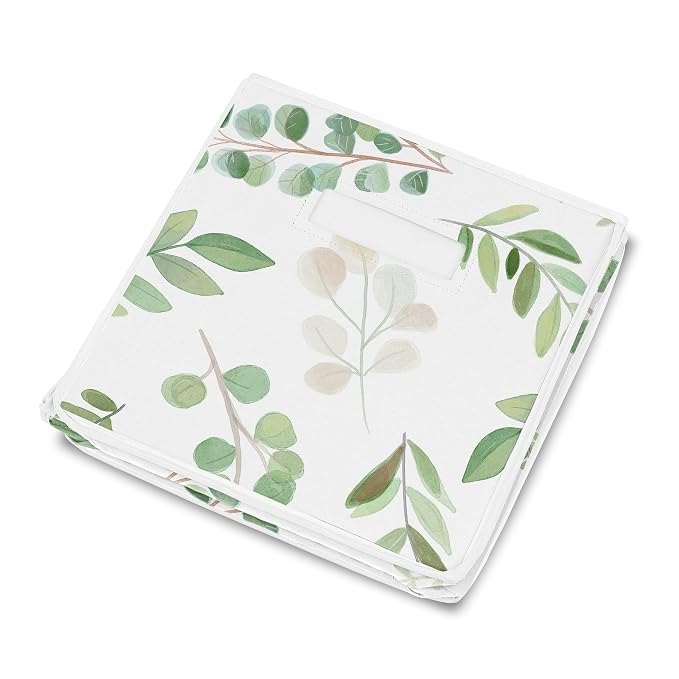 Sweet Jojo Designs Floral Leaf Girl Small Fabric Toy Bin Storage Box Chest for Baby Nursery or Kids Room - Green and White Boho Watercolor Botanical Woodland Tropical Garden