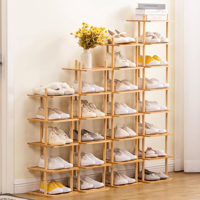 7-Tier Vertical Shoe Rack - Tall Narrow Shoe Rack Organizer for Small Spaces,Bamboo Shoen Shelf for Entryway,Closet,Corner,Doorway,Skinny Shoe Shelf Space Saving Shoe Storage (Natural, 7-Tier)