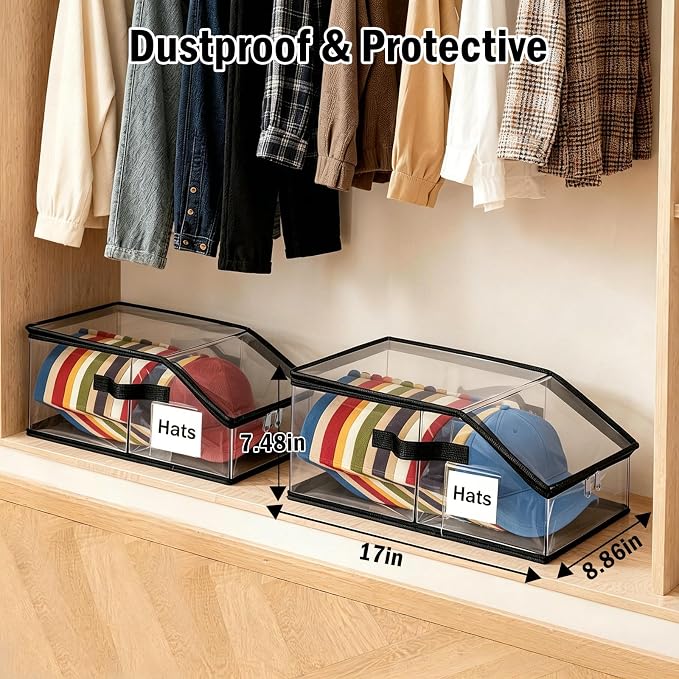 Foldable Clear Baseball Cap Storage Organizer – Stackable Transparent Hat Display Case with Zipper Closure 2 Pack– Space-Saving Protective Unit for Baseball Caps & Accessories Black Trim