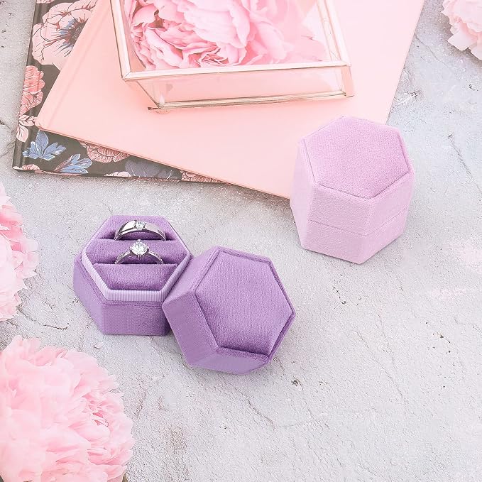 DesignSter Hexagon Velvet Ring Bearer Box - Premium Gorgeous Vintage Double Ring Display Holder with Detachable Lid for Proposal, Engagement, Wedding, Ceremony (Lavender purple)
