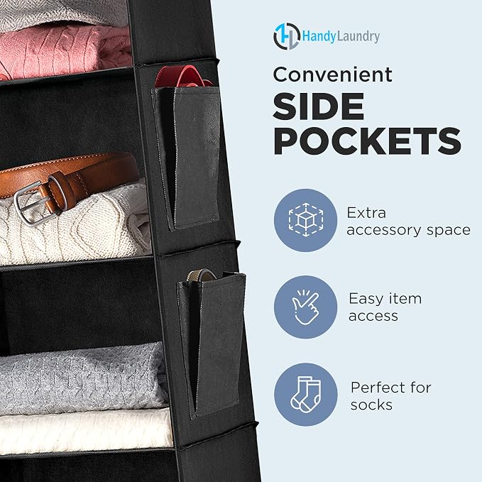 Hanging Closet Organizer - 6 Shelf Storage for Clothes, Sweaters, Shoes & Accessories - Space-Saving Wardrobe Shelves with Hooks for Dorm, RV & Small Closet Organization (Black) (Pack of 2)