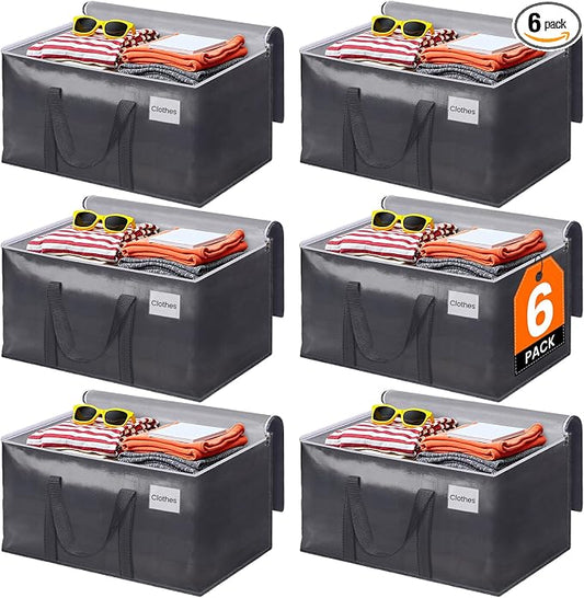 ElegantArray 6 Pack Moving Bags Heavy Duty, Moving Boxes, Storage Bags with Zipper & Handles & Tag for College & Dorm Moving Supplies Grey Laundry Hamper Bag, Foldable Space-saving Totes (93L, Grey)