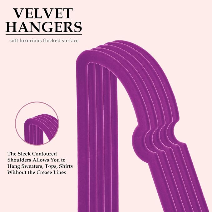 Velvet Hangers 50 Pack,16 Inch Non Slip Adult Hanger(Dark Purple) | 360° Swivel Hooks, Cascade Design, Space Saving