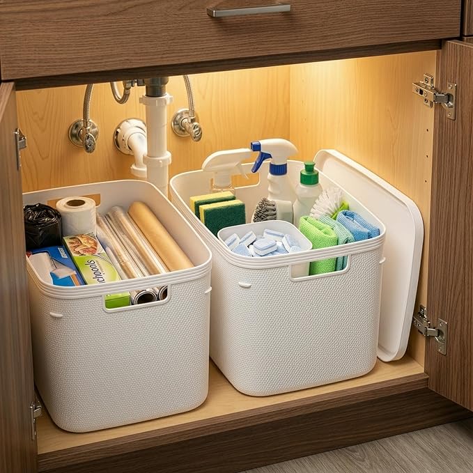 BINO | Plastic Storage Bins with Lids, 20 Liter - 3 Pack, White | THE TWILL COLLECTION | Plastic Bins for Organization | Woven Storage Baskets for Organizing | Pantry Shelf Organizer Basket Bin