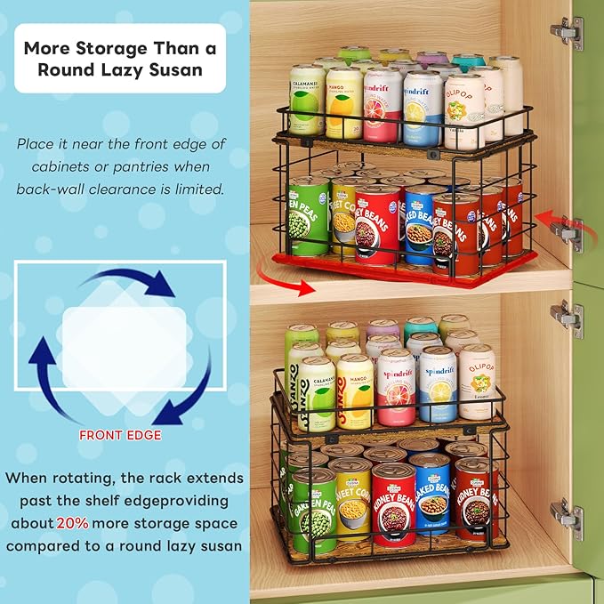 360° Rotating Can Rack Organizer for Pantry, 2-Tier Lazy Susan Can Organizer Holds Up to 26 Soda Cans, Metal Wire & Wood Shelf with Turntable Storage for Kitchen Cabinet, Pantry & Countertop