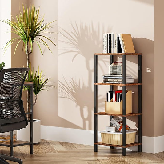 TUTOTAK Bookshelf, 4-Tier Tall Book Shelf, Narrow Bookcase for Small Space, DIY Stackable Bookshelf, for Living Room, Office, Study, Entryway, Industrial, Rustic Brown BS01BB004