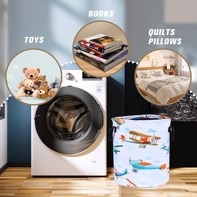 Funny Plane Laundry Basket Foldable Oxford Cloth Tote Bag Laundry Hamper Clothes Storage Bucket Organizer For Bathroom/Laundry Storage/Bedroom Storage Basket 18.9x16.5 Inch