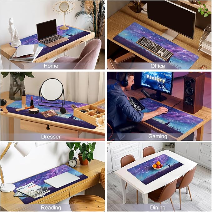 Purple Gaming Mouse Pad XL Cat Cute Desk Pad Keyboard Mat Kawaii Cat Sky Mouse Pad Blue Desk Mat Decor with Stitched Edges Non-Slip Large Computer Mat 31.5"x11.8"