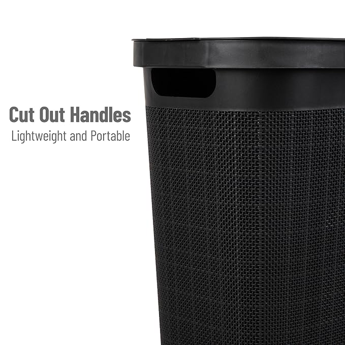 Mind Reader Slim Laundry Hamper with Lid, 40L Clothes Basket, Linen Design, Plastic, Black