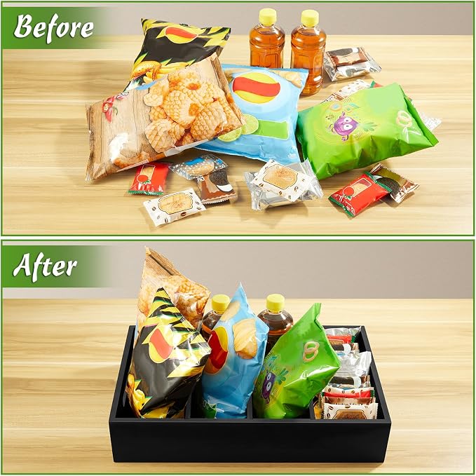 DRASTAR Pantry Organization and Storage Bins, Large Snack Organizer with Removable Dividers, Wooden Storage Caddy for Kitchen, Pantry, Cabinet, Countertop, Black