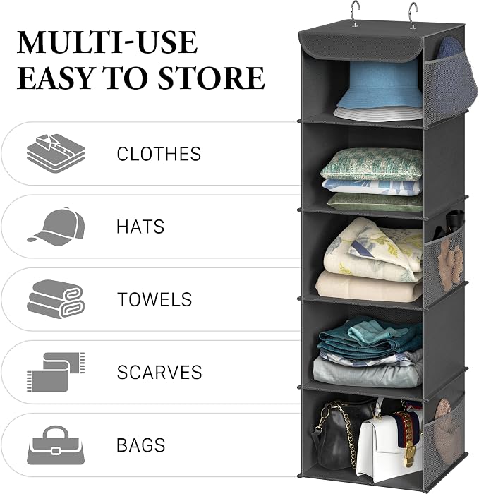 Simple Houseware 5 Shelf Hanging Closet Organizer, Dark Gray