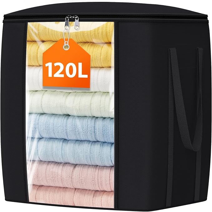 TasticTotes 120L Extra Large Clothes Storage Bags, Foldable Blanket Storage and Organization, Thick Fabric Containers with Reinforced Handles & Zippers for Clothing, Comforters, Bedding, Black, 1 Pack