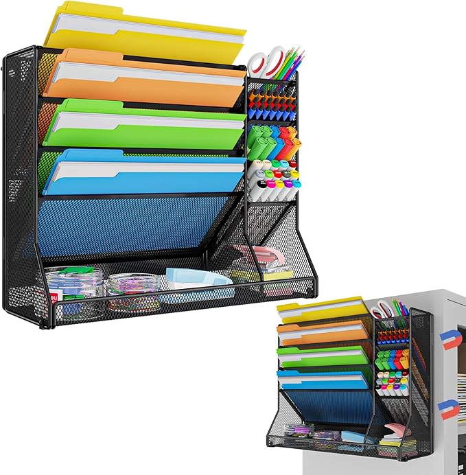 Jakyitvi 5-Tier Magnetic File Organizer R-Shaped Base Wall Hanging Black | Magnetic file holder for refrigerator, 5-tier wall mount file organizer, paper holder for file cabinet, cubicle organization