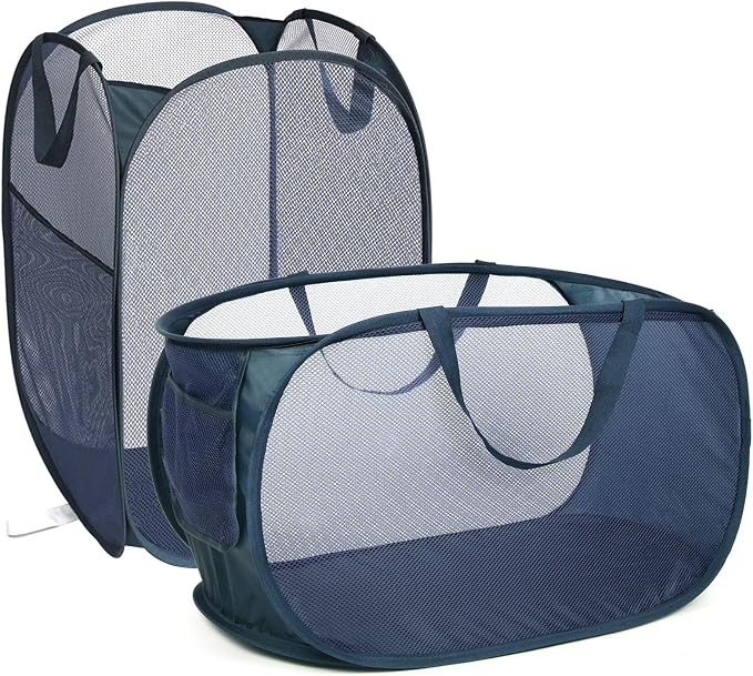 2 Pcs Durable Collapsible Laundry Baskets - Reinforced Mesh Pop Up Laundry Hamper with Pocket, Foldable Dirty Clothes Hamper with Carry Handles for Laundry, Bathroom, Kids Room, Dorm or Travel Navy