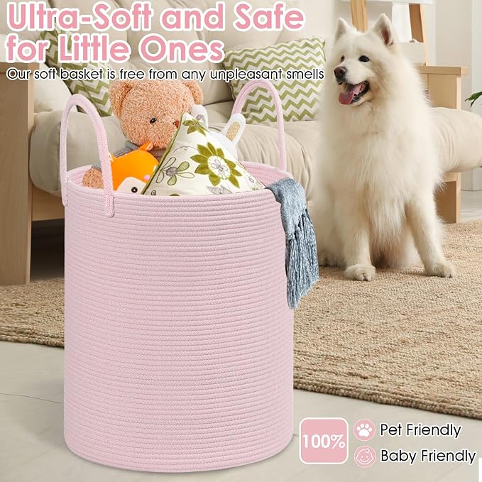 Large Woven Laundry Basket Hamper,100L Cotton Rope Storage Bin for Blankets,Toys and Clothes,Decorative Tall Nursery Hamper for Living Room,Baby Nursery,Bathroom and Bedroom,(Pink, XX Large)