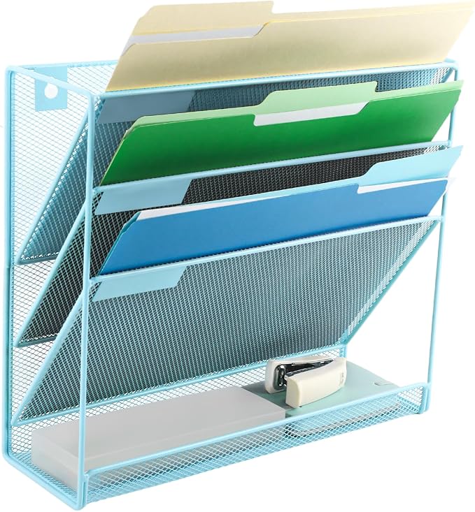 EASEPRES Desk File Organizer Mesh 4-Tier, Hanging Wall Mount Document Organization Stand, Desktop Vertical Mail Paper Folder Holder Rack with Bottom Tray for Office Home Cubicle Countertop, Blue