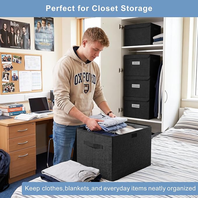 Bagnizer Large 17" 42 Quarts Collapsible Stackable Storage Bins with Lids [3-Pack] Foldable Fabric Linen Storage Boxes Cube, Closet Organizer Baskets with Label (16.7 x 12 x 12, Black)