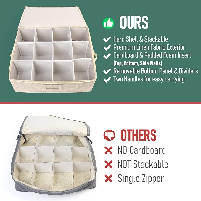 LotFancy Cup and Mug Storage Box, Hard Shell, China Coffee Mug Storage Container for Moving, Holds 12 Tea Cups, with Dividers & Handles, Beige