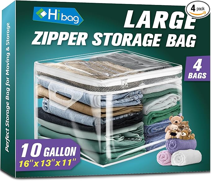 HIBAG 10 Gallon Large Storage Bag for Clothes, Zipper Clothing Storage Bag, Clear Organizer with Reinforced Handles, for Closet and Underbed Storage (4 Pack)