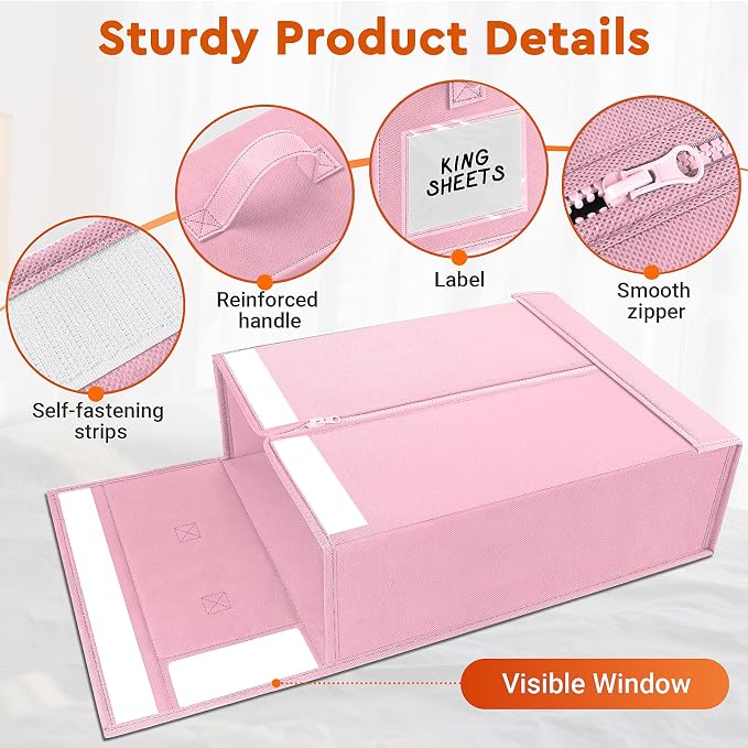 StorageTastic 4 Pack Bed Sheet Closet Organizers and Storage,Sturdy Foldable Storage Containers with Window and Label,Storage and Organization for Bedding Sheets,Duvet Covers,Blankets (Pink)