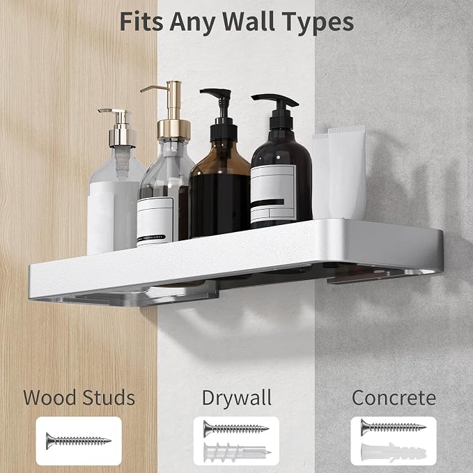 Danpoo 16-Inch Wall Shelf, Clear Tempered Glass with Matte Silver Aluminum Frame – Sleek Floating Bathroom Organizer
