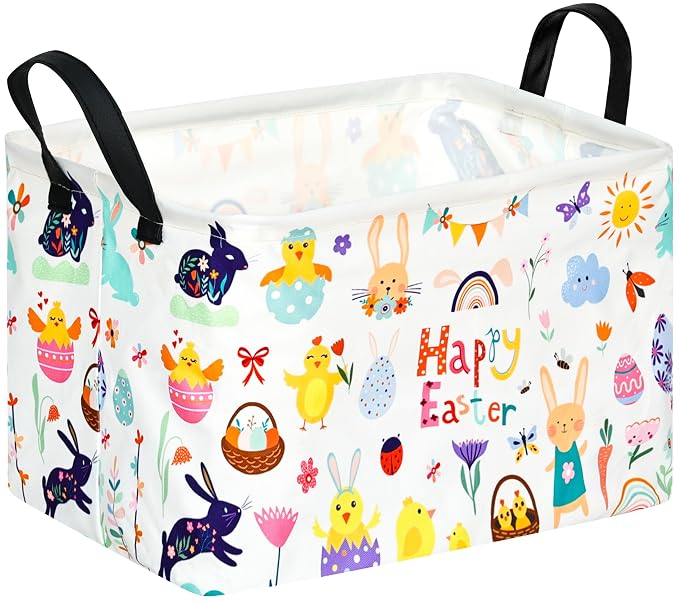 Rectangular Easter Basket Storage Bin for Shelves Cute Gifts Baskets Foldable Box with Handles for Boy and Girl Home Office Car Dormroom Easter Party Supplies