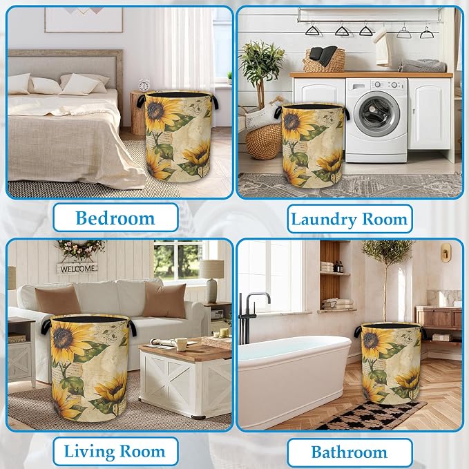 Vintage Sunflowers Laundry Basket Collapsible Laundry Hamper, Oxford Cloth Storage Bin for Room/Bathroom/Bedroom/Dormitories 16" X 20.8"