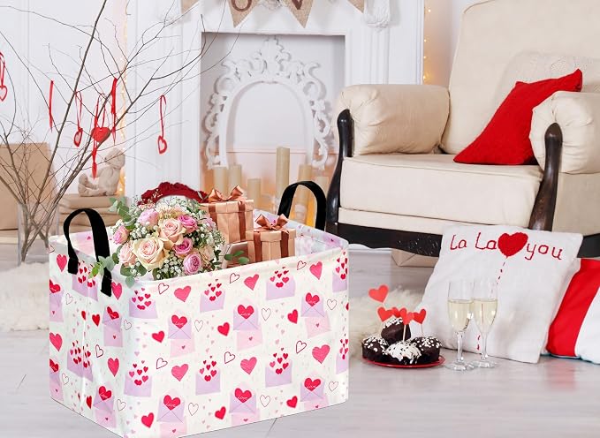 MAIZMZ Empty Gift Basket for Girls Heart Print Storage Cube for Women, Closet Shelf Waterproof Organizer Bins with Handles Nursery hamper Kids Toys Books Box Room Deco