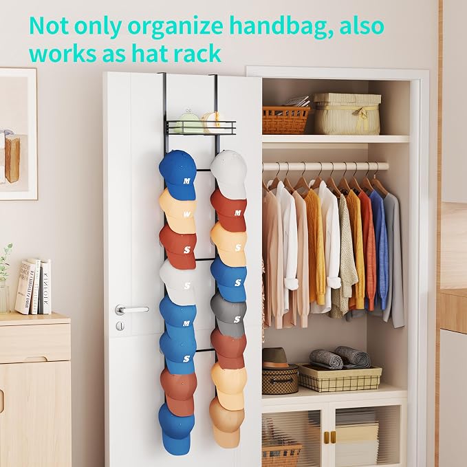 HapiRm Over The Door Purse Organizer - Wall Mounted Purse Rack with 16 Hooks and Metal Basket, Hanging Handbag Organizer Holds up to 16 Bags, Bag Rack Can Use As 1/2 Part, for Door, Closet (Black)