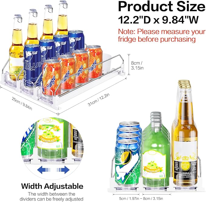 Drink Organizer for Mini Fridge, Automatic Pusher Drink Dispenser for Refrigerator, Soda Can Organizer for Beer Beverage Holds up to 12 Cans 3 Row (Depth 12.2" x Wide 9.9") White