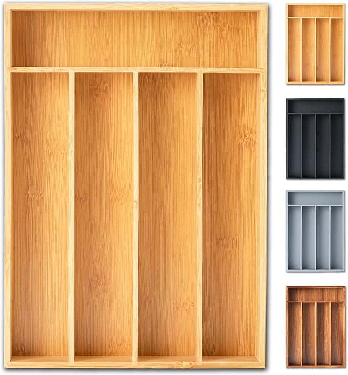 Silverware Organizer, 10 Inch Utensil Organizer Kitchen Drawer Organizer Bamboo Silverware Holder Cutlery Tray Organizer in Drawer Flatware Organizer Tray(5 slots, Natural