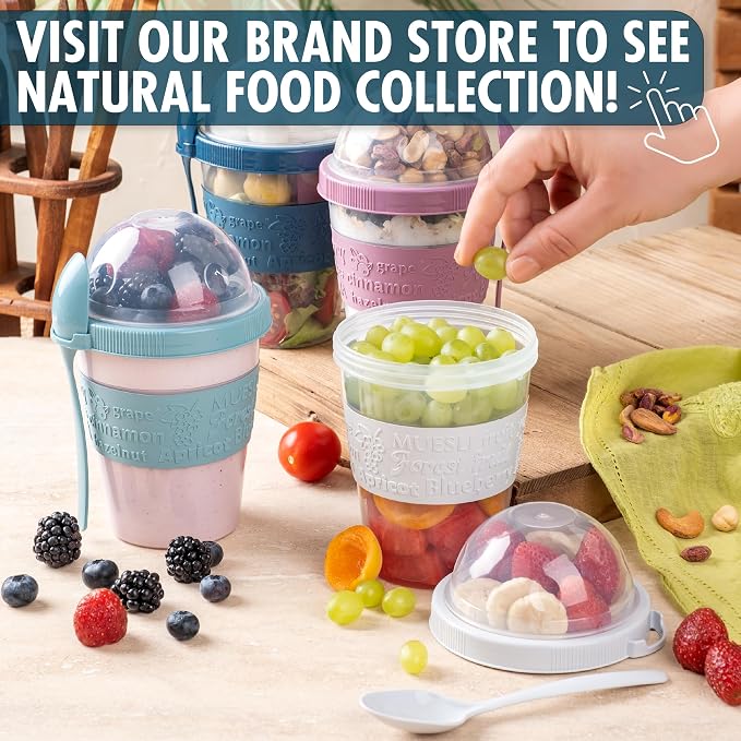 Hakan Overnight Oats Containers with Lid & Spoons, 4 Pack - 20 oz, Reusable Yogurt Parfait Cups with Topping Dome - BPA-Free Plastic Cereal & Fruit Cups to Go - Large Breakfast Jars for Work & School